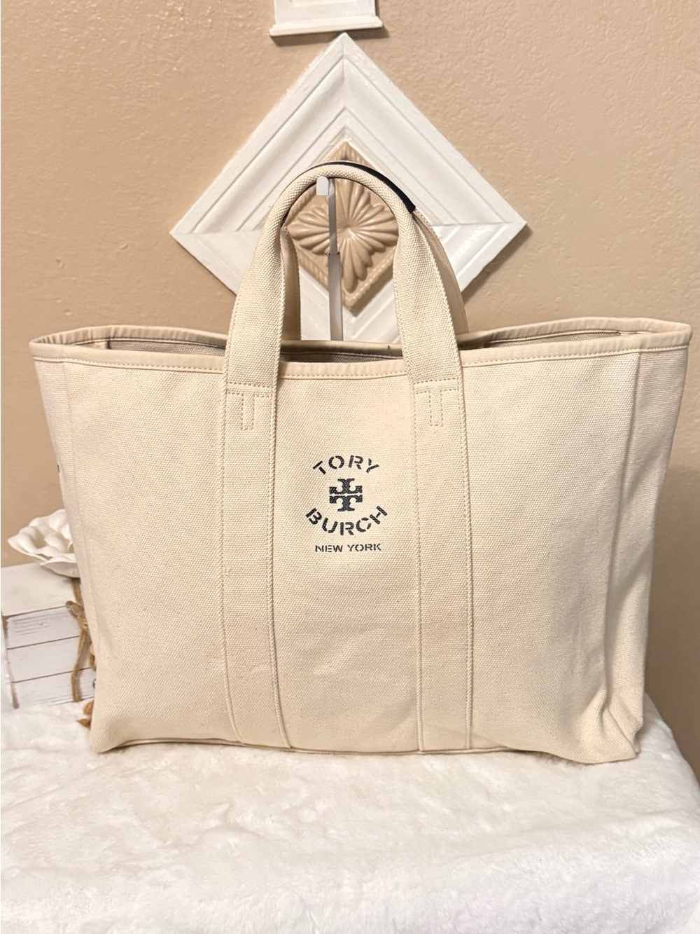 Tory Burch Cream Canvas Logo Tote